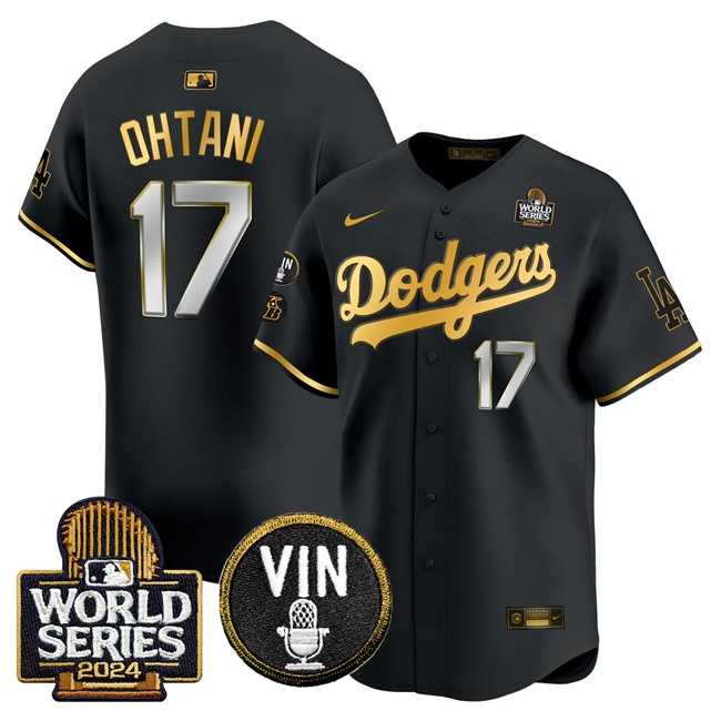 Mens Los Angeles Dodgers #17 Shohei Ohtani Black Gold 2024 World Series Vin & Kobe Patch Limited Stitched Baseball Jersey